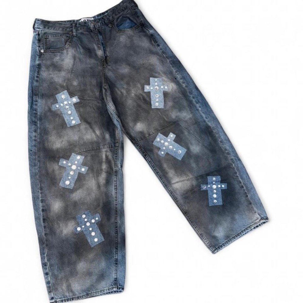 Goth Wide Leg jeans rhinestones/crosses/silverblack‎ paint.Ladies 11. Upcycled.